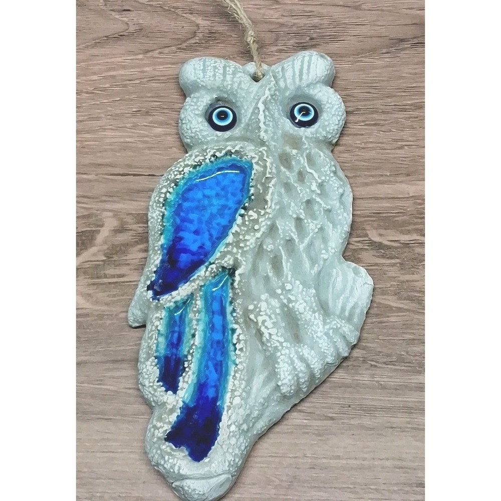 Owl (Gray w/ Blue Glaze) Handmade Wall Plaque Cottagecore Farmhouse BOHO
